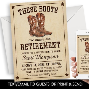 Editable Boots Retirement Invitation Party Invite Digital 5x7 Country Cowboy Mens Instant Download Boots Are Made For Retiring