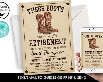 Editable Boots Retirement Invitation Party Invite Digital 5x7 Country Cowboy Mens Instant Download Boots Are Made For Retiring