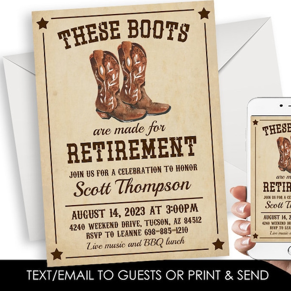 Editable Boots Retirement Invitation Party Invite Digital 5x7 Country Cowboy Mens Instant Download Boots Are Made For Retiring