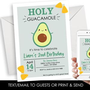 Editable Holy Guacamole Birthday Invite Green Kids Digital Invitation 5x7 Avocado Neutral Instant Download