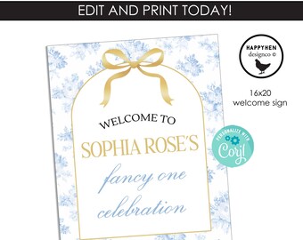 Love Shack Blue Gold Welcome Sign Editable Printable Party Template DIGITAL 16x20 Instant Download Chinoiserie