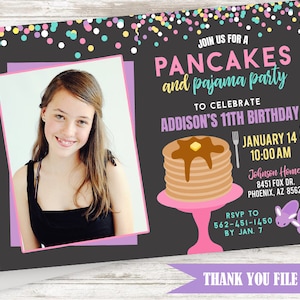 Pancake Pajamas Invitation Photo Invite Digital Kids Girls Digital 7x5 Chalkboard Confetti ANY AGE Picture