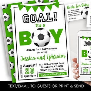 Editable Soccer Baby Shower Invitation Invite Digital 5x7 Futbol Sprinkle Green Bundle Ball Goal Green