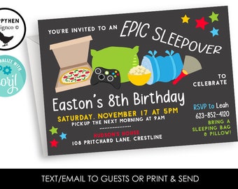 Editable Boys Sleepover Invite Invitation Birthday Slumber Party 7x5 Digital Chalkboard Kids Gaming Sleeping Bag