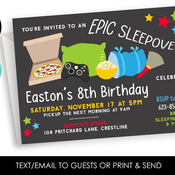 Editable Boys Sleepover Invite Invitation Birthday Slumber Party 7x5 Digital Chalkboard Kids Gaming Sleeping Bag