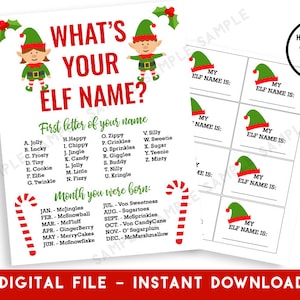 What&#39;s Your Elf Name Printable Sign Digital Instant Download Christmas Fun Kids School 8.5x11