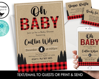 Editable Lumberjack Baby Shower Invitation Invite Buffalo Plaid Oh Baby Neutral 5X7 Digital Sprinkle Christmas
