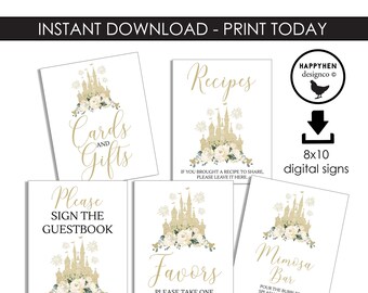 Disneyland Bridal Shower Signs Prints Gold Printable Instant Download Guestbook Recipes