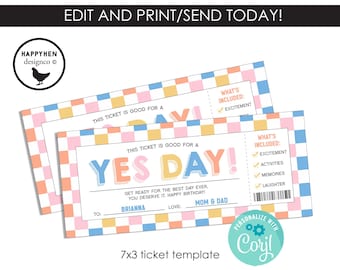 Yes Day Ticket, Kids Best Day Ever Editable, Yes Day Gift Certificate Template, Fun Experience Gift Printable, 7x3 Digital File