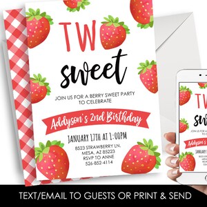 Editable Strawberry 2nd Birthday Invitation Two Sweet Invite Berry Digital Watercolor Kids Girls Fruit 5x7