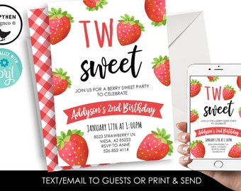 Editable Strawberry 2nd Birthday Invitation Two Sweet Invite Berry Digital Watercolor Kids Girls Fruit 5x7