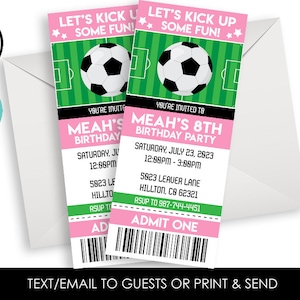 Editable Soccer Birthday Ticket Invitation Invite Digital 3x7 Green Pink Girls Sports Style Party Corjl