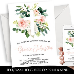 May include: A white card with a pink floral design and a white cross. The text on the card reads "Join us for the baptism of our daughter Gracie Johnston, Sunday, May 30, 2022 at 11am, Heights Church, 5123 Larry Stein Dr. Phoenix, AZ 86304, RSVP to Heather 840-529-8412, Reception to follow at our home".