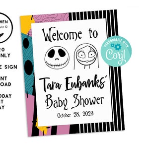 Editable Nightmare Halloween Welcome Sign Poster 16x20 Digital Instant Download Baby Shower Birthday ANY OCCASSION Template Jack Sally