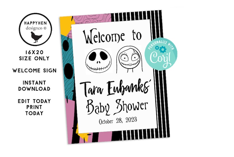 Puede incluir: Un cartel de bienvenida imprimible para un baby shower con una ilustraci&oacute;n en blanco y negro de Jack Skellington y Sally de Pesadilla antes de Navidad. El cartel est&aacute; decorado con un dise&ntilde;o de patchwork rosa, turquesa, amarillo y negro. El texto en el cartel dice "Bienvenido al Baby Shower de Tara Eubanks el 28 de octubre de 2023".