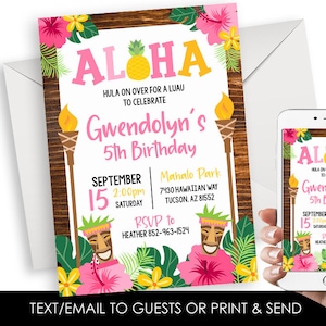 Editable Luau Birthday Invitation Invite Digital 5x7 Aloha Hawaiian Party Girls Pink Wood Tiki Hibiscus Flower Corjl