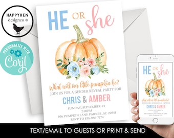 Editable Pumpkin Gender Reveal Invitation Invite Digital She or He Pink Blue 5x7 Watercolor