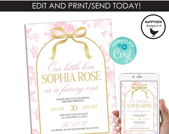 Love Shack Fancy One Invitation Template EDITABLE Invite Vintage Pink Gold Chinoiserie French Digital 5x7 INSTANT DOWNLOAD