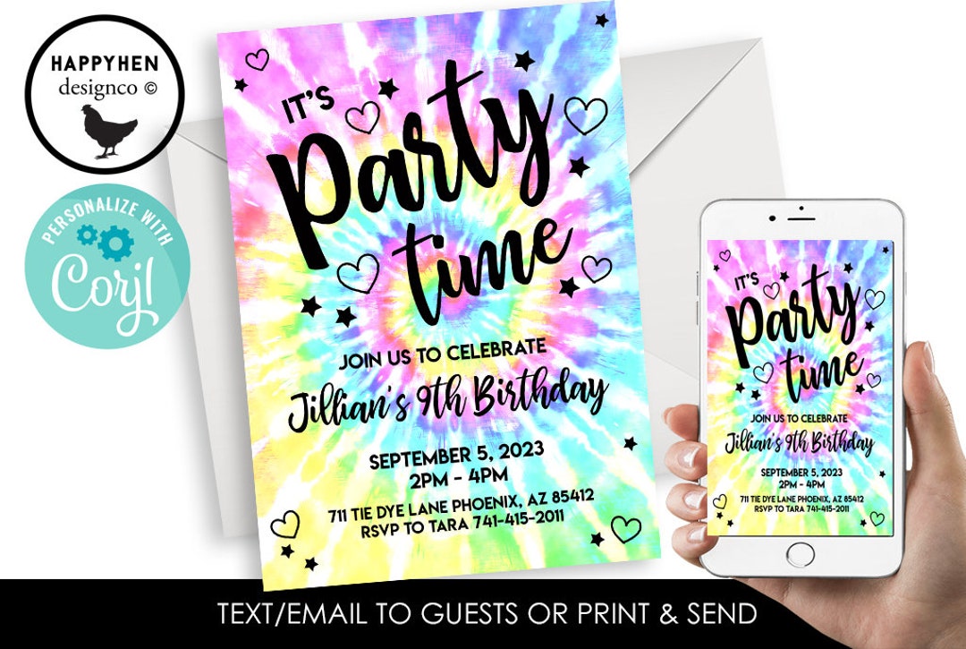 Editable Tie Dye Invitation Birthday Invite Party Kids Girls Digital ...
