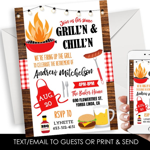 Editable Retirement BBQ Invitation Invite Party Digital 5x7 Backyard Picnic Cookout Retired Men Women