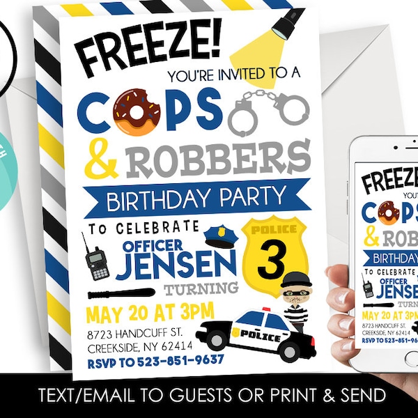 Editable Cops Robbers Invitation Invite Birthday Party Digital 5x7 Police Kids ANY AGE Donuts