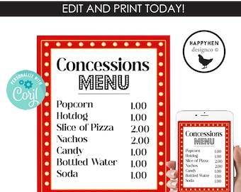 Movie Night Concessions Menu Editable Template Digital 8x10 Instant Download Party Decor Snack Bar