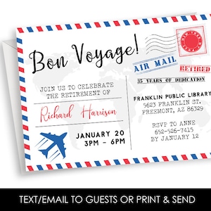 Editable Postal Retirement Invitation Invite Travel Party Digital Retired Postcard Bon Voyage 7x5 Horizontal Airplane Pilot