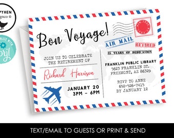 Editable Postal Retirement Invitation Invite Travel Party Digital Retired Postcard Bon Voyage 7x5 Horizontal Airplane Pilot