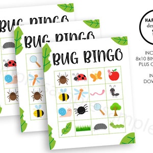 Juego de bingo de insectos para fiestas de cumpleaños, tarjetas de bingo digitales de 5 x 7 para niños, 7 tarjetas de juego diferentes
