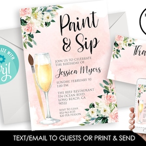Editable Paint Sip Invitation Invite Watercolor Champagne Digital Party Wine Tasting Art 5x7 Adult Birthday Floral