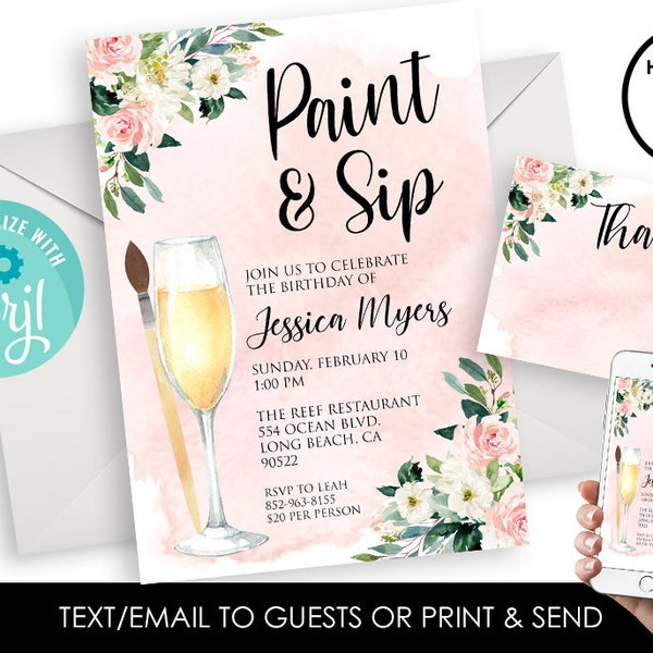 Editable Paint Sip Invitation Invite Watercolor Champagne Digital Party Wine Tasting Art 5x7 Adult Birthday Floral