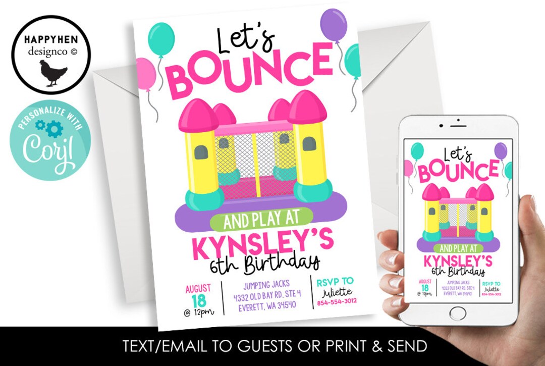 Editable Bounce House Birthday Invitation Invite Party Girls Kids Pink