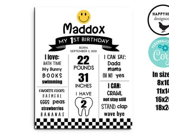 May include: Black and white first birthday sign for a boy named Maddox. The sign includes his age, weight, height, favorite foods, and things he can say and do. The sign is decorated with a checkered pattern and a smiley face.