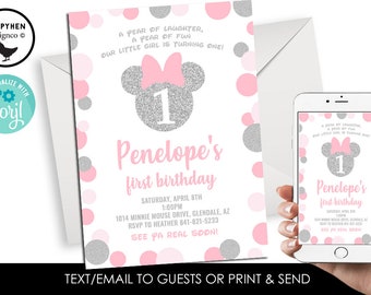 Editable Minnie Inspired First Birthday Invite Invitation Silver Glitter Pink Chalkboard 5x7 Digital Personalized ANY AGE Corjl