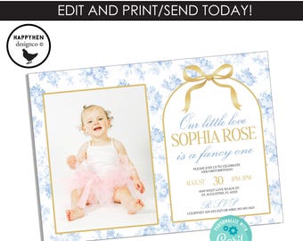 Love Shack Fancy One Photo Invitation Invite EDITABLE Template Digital 7x5 Instant Download Blue Gold