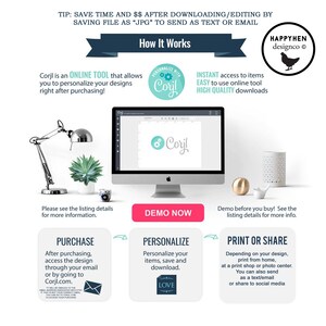 May include: A graphic showing how to use an online tool to personalize and download digital designs. The graphic shows a computer screen with a design editor, a purchase button, a personalize button, and a print or share button. The text "Corjl" is featured throughout the graphic.