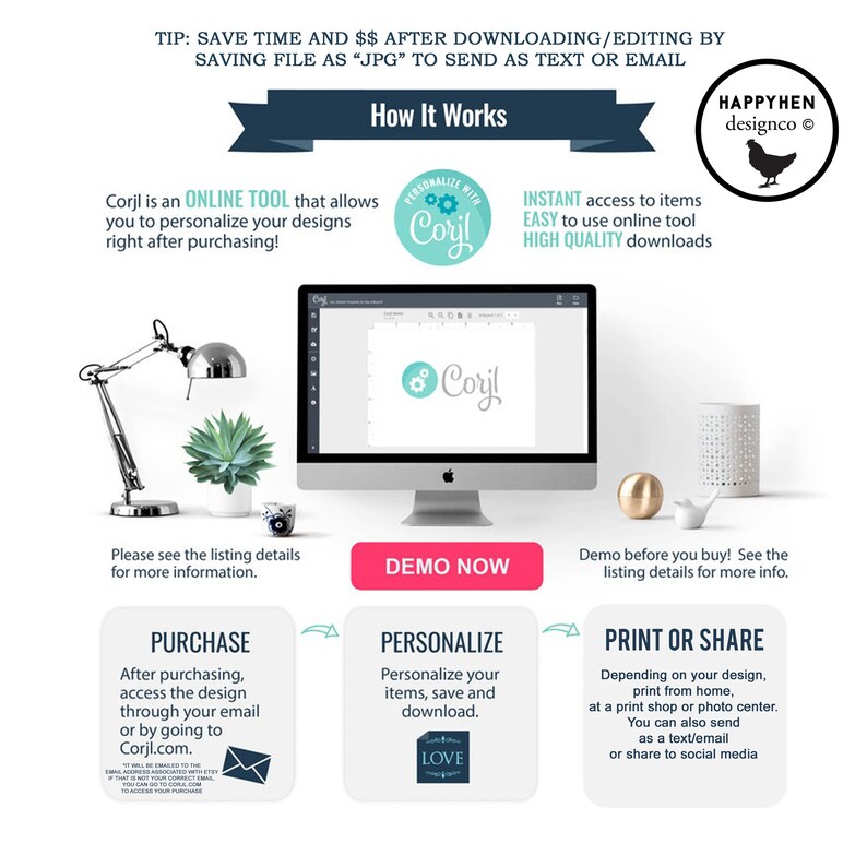 May include: A graphic showing how to use an online tool to personalize and download digital designs. The graphic shows a computer screen with a design editor, a purchase button, a personalize button, and a print or share button. The text "Corjl" is featured throughout the graphic.