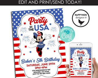 May include: A patriotic invitation with a red, white, and blue theme. The design features Minnie Mouse, fireworks, and the text "Party in the USA." The invitation is for Baker's 5th Birthday, with date, time, and location details.