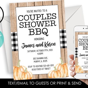 May include: An invitation for a Couples Shower BBQ, featuring text and watercolor pumpkins. The design includes a wooden frame, black and white checkered accents, and the names James and Karen. The invitation is also displayed on a smartphone.