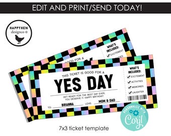 Yes Day Ticket, Kids Best Day Ever Souvenir, Editable Template, Fun Experience Gift Printable, 7x3