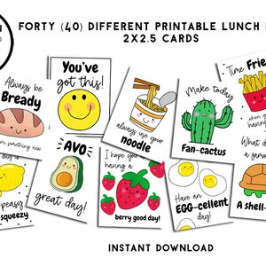Puede incluir: Cuarenta notas imprimibles para el almuerzo, cada una de 5,08 cm x 6,35 cm, con ilustraciones divertidas y juegos de palabras. Los diseños incluyen un aguacate sonriente, un cactus y una hogaza de pan. El texto incluye frases como "You've got this!" y "Berry good day!"