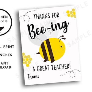 Obrigado por Bee-ing My Teacher Appreciation Week Cartão de impressão digital presente para impressão Download instantâneo 3x4 etiqueta de lembrança Obrigado Abelha