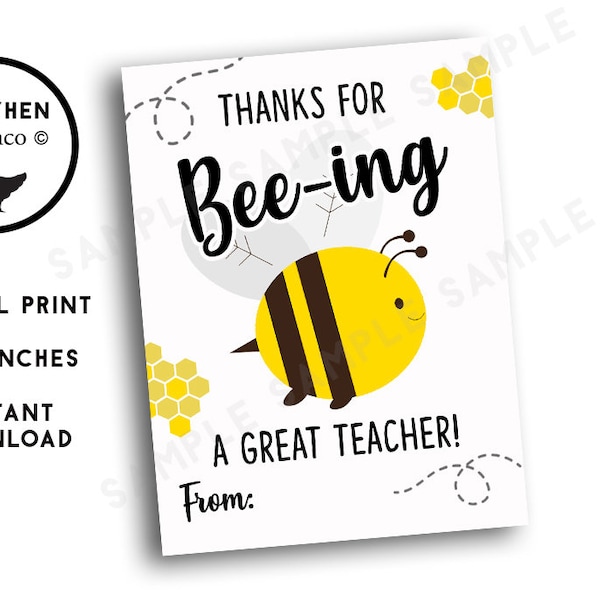 Thanks for Bee-ing My Teacher Appreciation Week Digital Print Card Gift Printable Instant Download 3x4 Favor Tag Thank You Bee