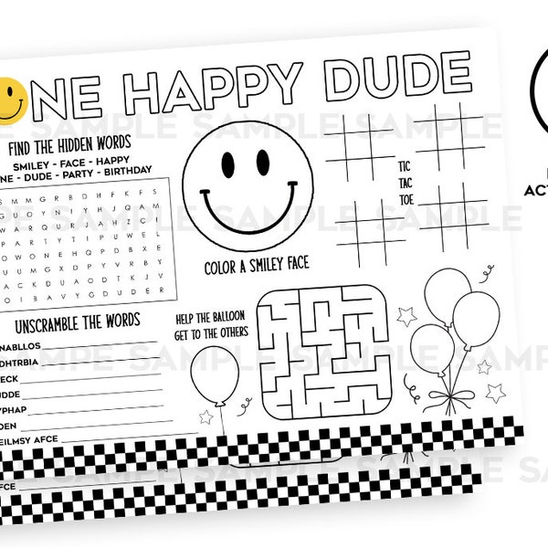 One Happy Dude Placemat Activity Sheet Digital Smile Face 11x8.5 Coloring Page Kids Entertainment Game Sheet Birthday