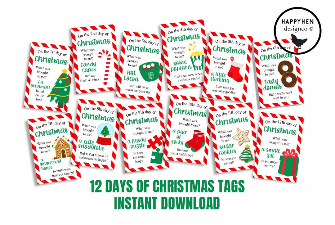 12 Days of Christmas Gift Tags Cards Digital Instant Download Holiday ...