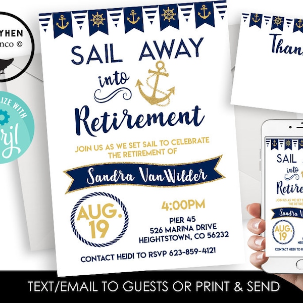 Editable Sail Into Retirement Invitation Invite Digital Cruise Nautical Party Ocean Sea Womens Mens 5x7 Navy Gold