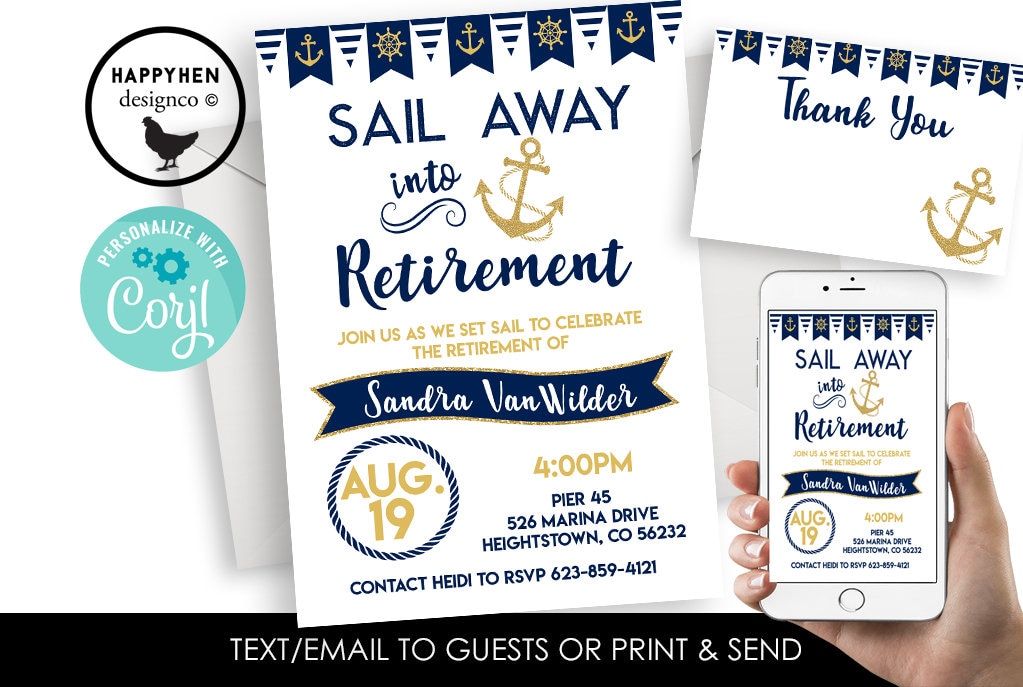 Editable Sail Into Retirement Invitation Invite Digital Cruise Nautical Party Ocean Sea Womens Mens 5x7 Navy Gold