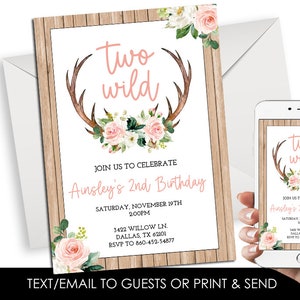 Editable Two Wild Invitation Invite Girls 2nd Birthday Floral Watercolor Antlers Deer Boho Rustic 5x7 Digital Corjl