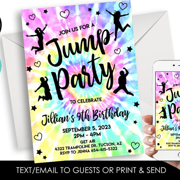 Editable Jump Birthday Invitation Party Invite Girls Tie-Dye Digital 5x7 Bounce Tye Dye Trampoline