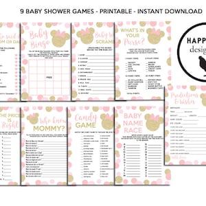 Minnie Baby Shower Games Digital 5x7 Pink Gold Glitter Sprinkle Themed Bundle Set Printable Instant Download